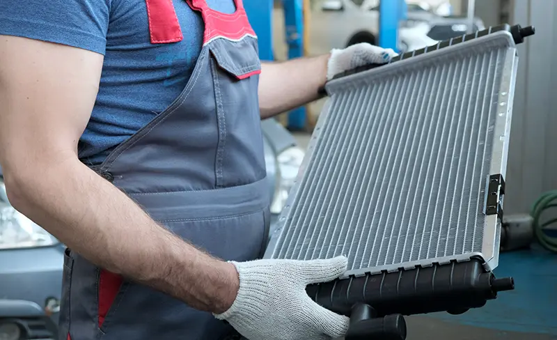 Technician holding car parts